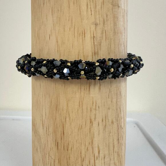 OilNana Black & Gold Handmade Beaded Bracelet Crystal Boho Luxe Adjustable 8-11” - Picture 1 of 8